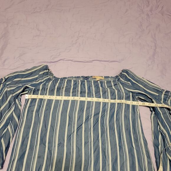 Appraisal Womens Blue Stripe Off Shoulder Shirt Flounce Bell Sleeve Imported Sm - Picture 5 of 8